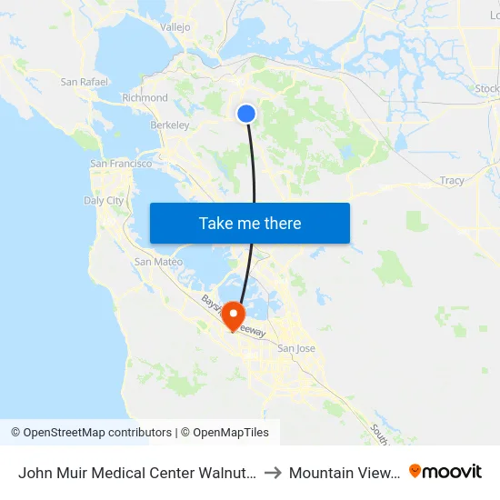 John Muir Medical Center Walnut Creek to Mountain View, CA map
