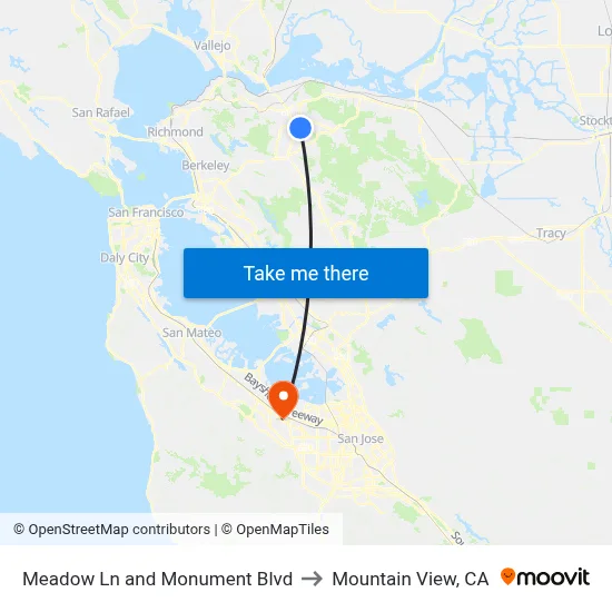 Meadow Ln and Monument Blvd to Mountain View, CA map