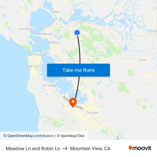 Meadow Ln and Robin Ln to Mountain View, CA map