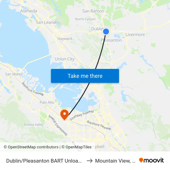 Dublin/Pleasanton BART Unloading to Mountain View, CA map