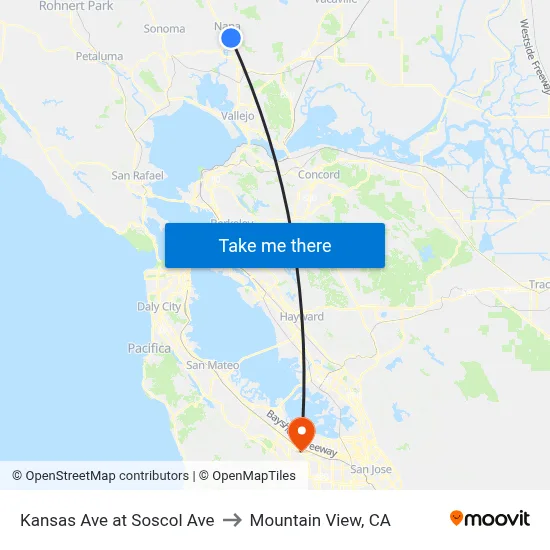 Kansas Ave at Soscol Ave to Mountain View, CA map