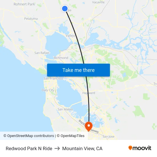 Redwood Park N Ride to Mountain View, CA map