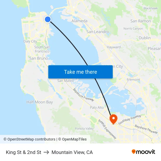 King St & 2nd St to Mountain View, CA map