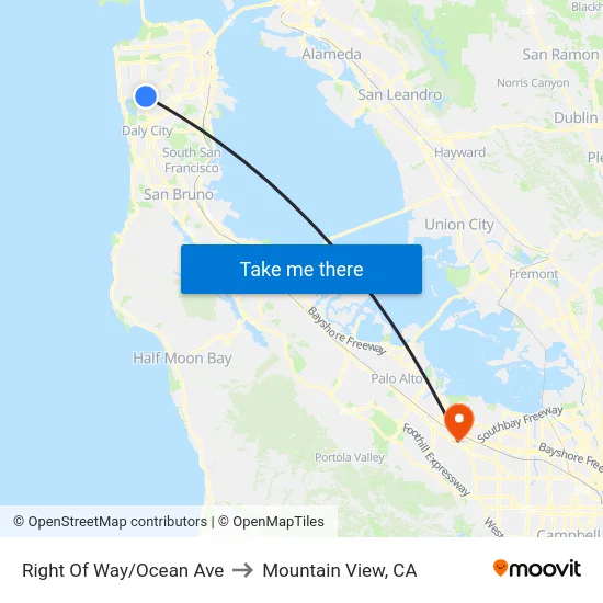 Right Of Way/Ocean Ave to Mountain View, CA map