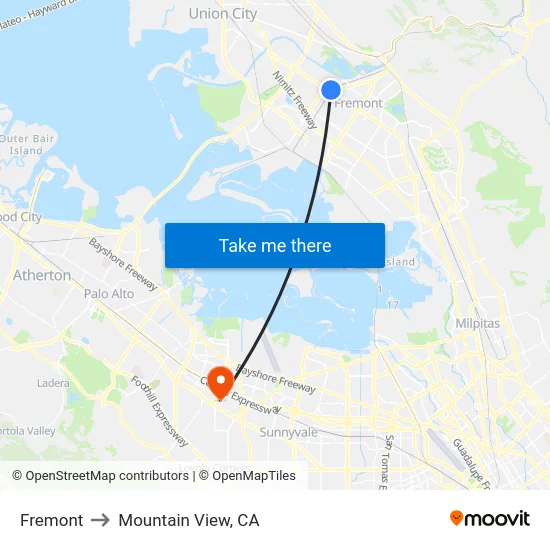 Fremont to Mountain View, CA map