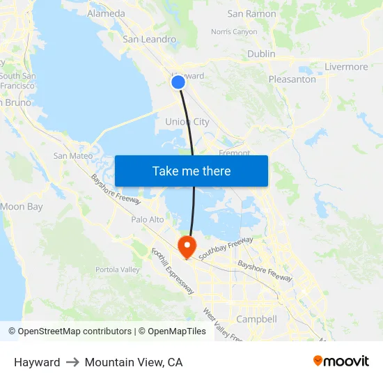 Hayward to Mountain View, CA map