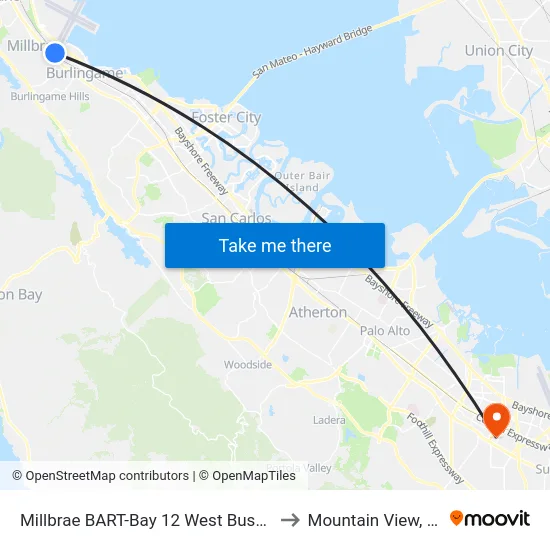 Millbrae BART-Bay 12 West Busway to Mountain View, CA map