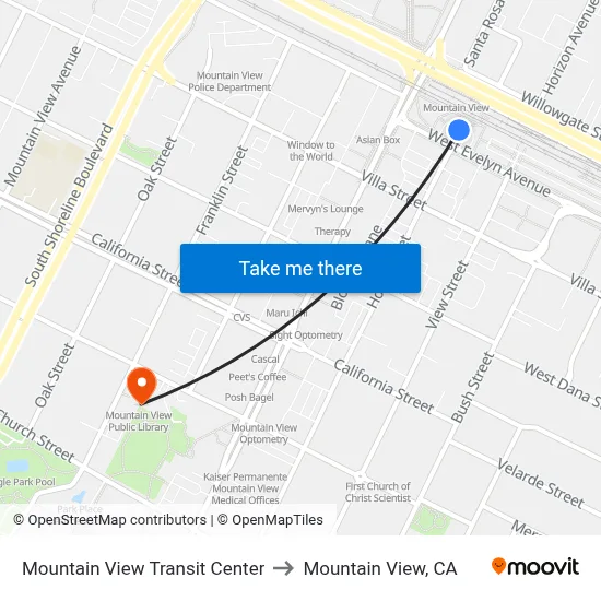 Mountain View Transit Center to Mountain View, CA map
