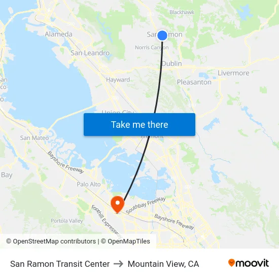 San Ramon Transit Center to Mountain View, CA map