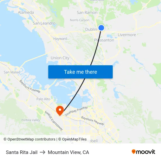 Santa Rita Jail to Mountain View, CA map
