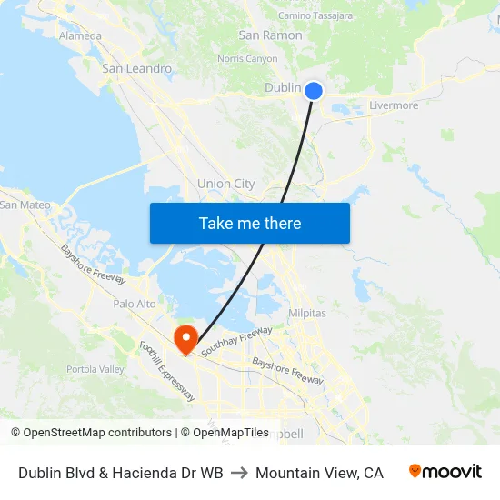 Dublin Blvd & Hacienda Dr WB to Mountain View, CA map
