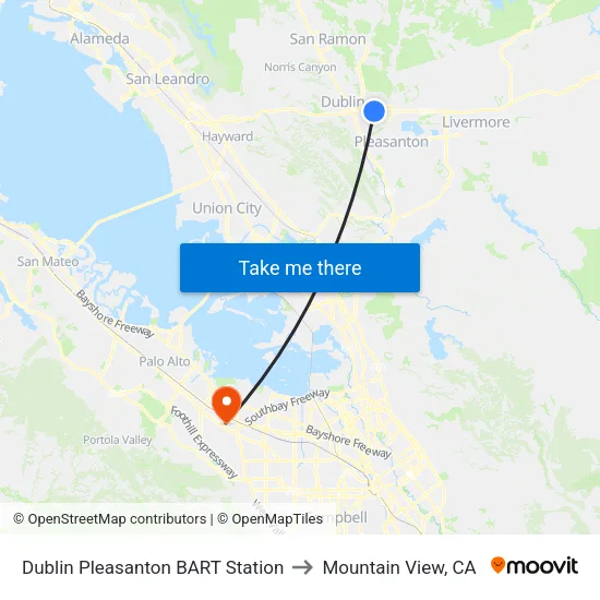 Dublin Pleasanton BART Station to Mountain View, CA map