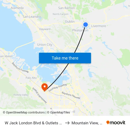 W Jack London Blvd & Outlets EB to Mountain View, CA map