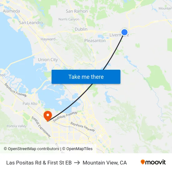 Las Positas Rd & First St EB to Mountain View, CA map