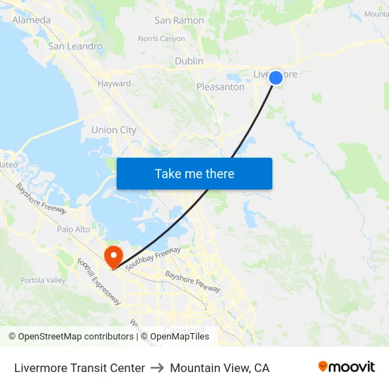 Livermore Transit Center to Mountain View, CA map