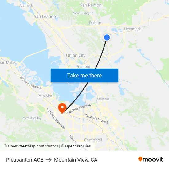 Pleasanton ACE to Mountain View, CA map