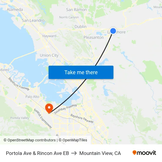 Portola Ave & Rincon Ave EB to Mountain View, CA map