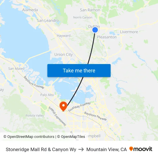Stoneridge Mall Rd & Canyon Wy to Mountain View, CA map