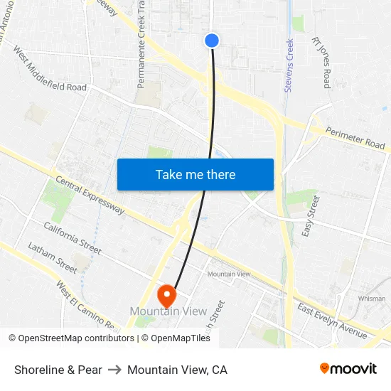Shoreline & Pear to Mountain View, CA map