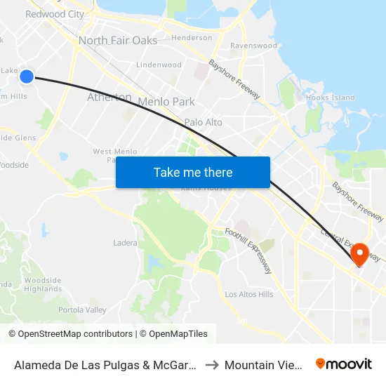 Alameda De Las Pulgas & McGarvey Ave to Mountain View, CA map