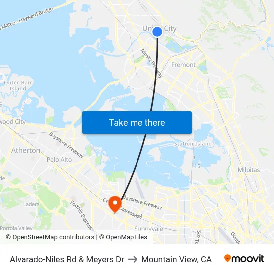 Alvarado-Niles Rd & Meyers Dr to Mountain View, CA map