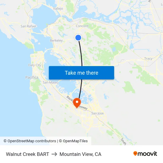 Walnut Creek BART to Mountain View, CA map