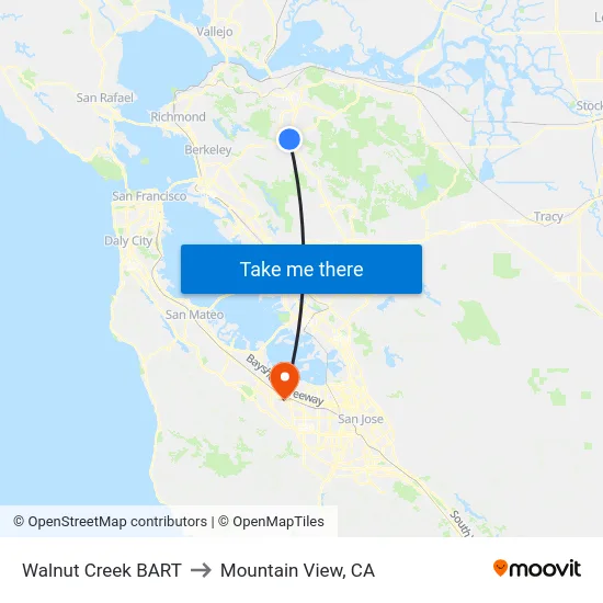 Walnut Creek BART to Mountain View, CA map