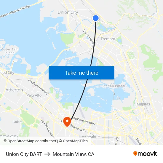Union City BART to Mountain View, CA map