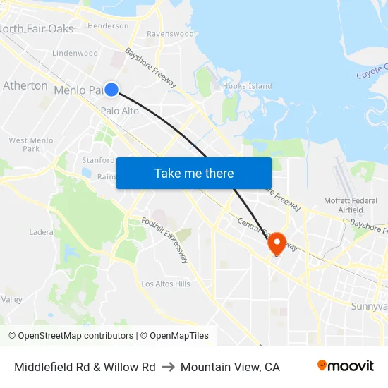 Middlefield Rd & Willow Rd to Mountain View, CA map