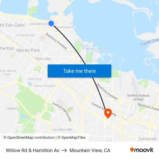 Willow Rd & Hamilton Av to Mountain View, CA map