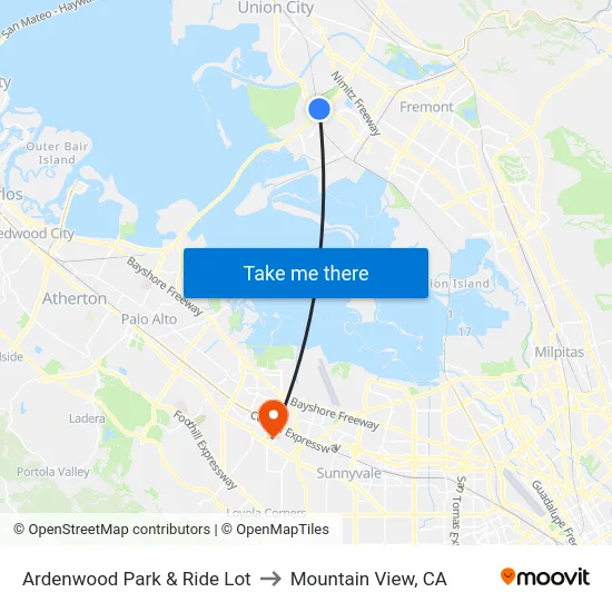 Ardenwood Park & Ride Lot to Mountain View, CA map