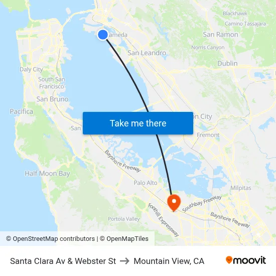 Santa Clara Av & Webster St to Mountain View, CA map