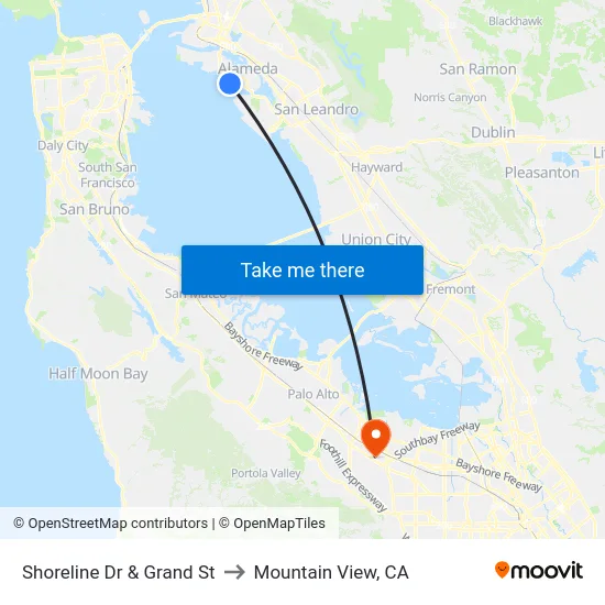 Shoreline Dr & Grand St to Mountain View, CA map