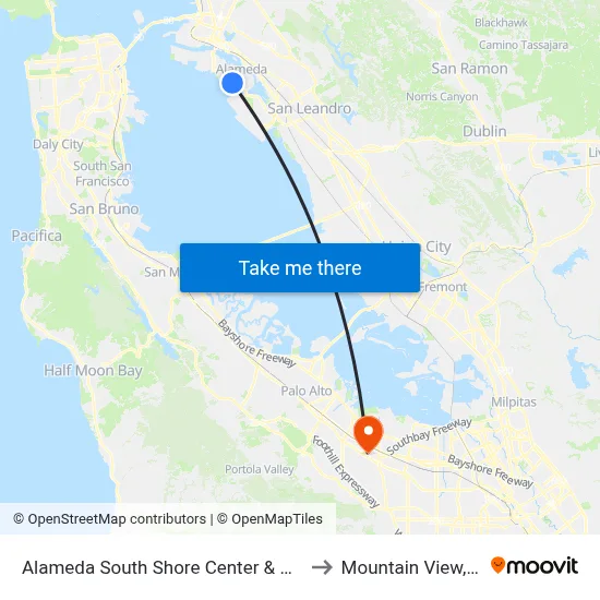 Alameda South Shore Center & Kohl's to Mountain View, CA map