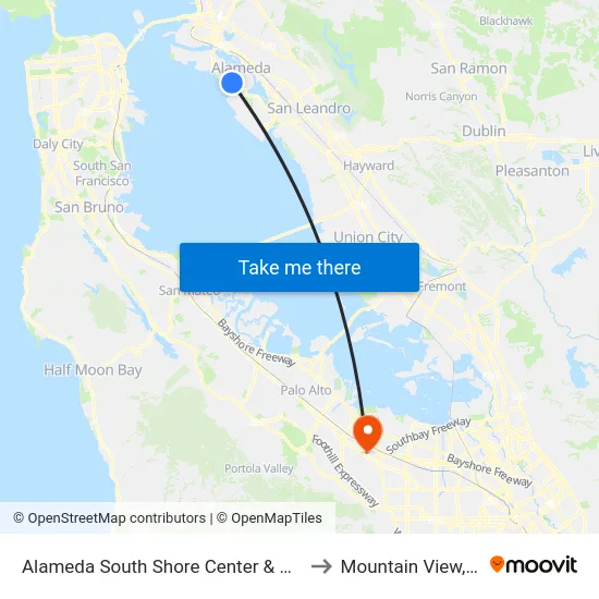 Alameda South Shore Center & Kohl's to Mountain View, CA map