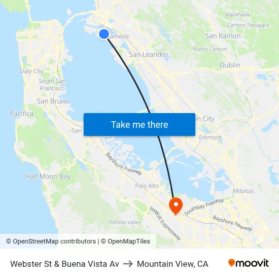 Webster St & Buena Vista Av to Mountain View, CA map