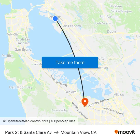 Park St & Santa Clara Av to Mountain View, CA map