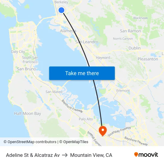 Adeline St & Alcatraz Av to Mountain View, CA map