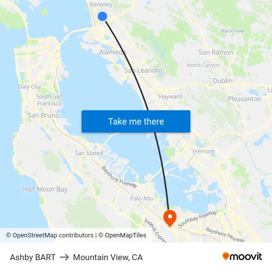 Ashby BART to Mountain View, CA map