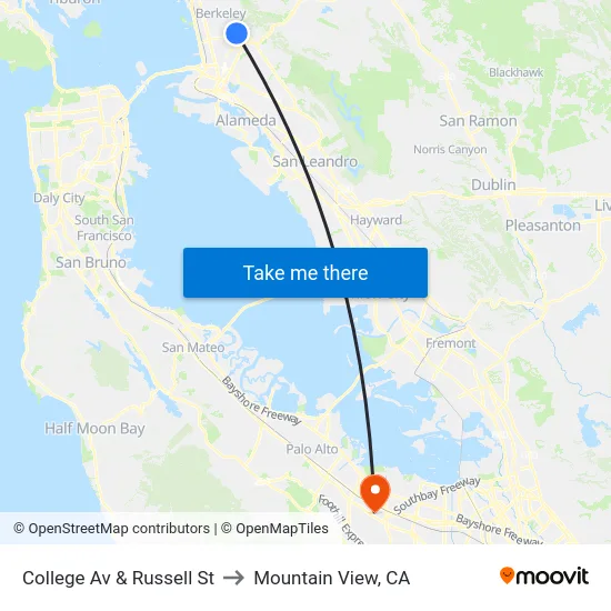 College Av & Russell St to Mountain View, CA map