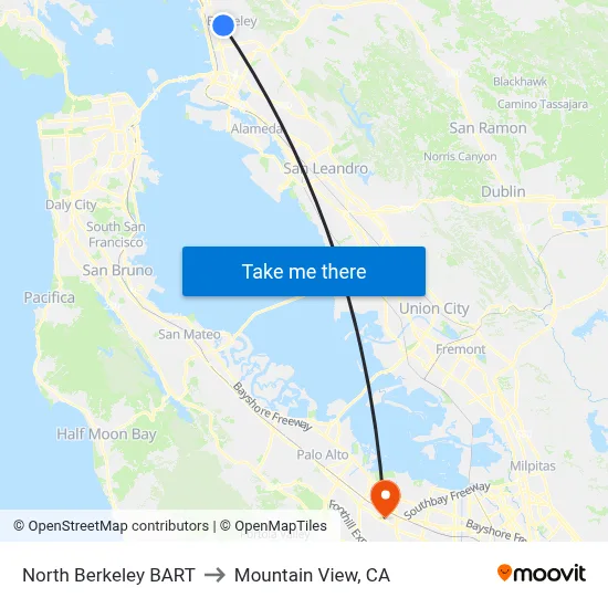 North Berkeley BART to Mountain View, CA map