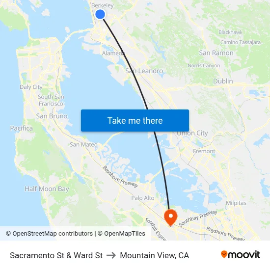 Sacramento St & Ward St to Mountain View, CA map