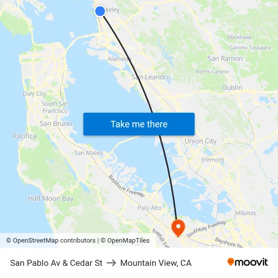 San Pablo Av & Cedar St to Mountain View, CA map