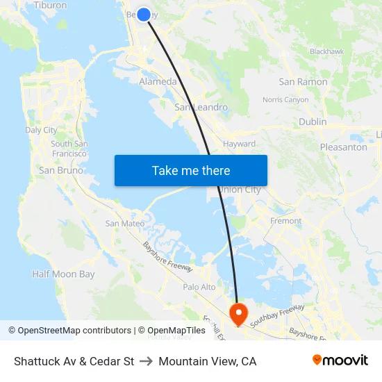Shattuck Av & Cedar St to Mountain View, CA map