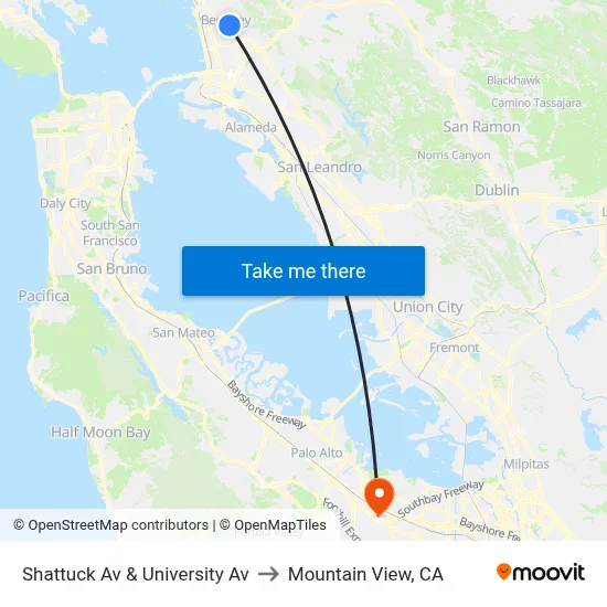 Shattuck Av & University Av to Mountain View, CA map