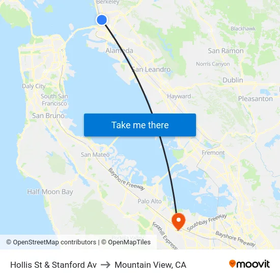Hollis St & Stanford Av to Mountain View, CA map