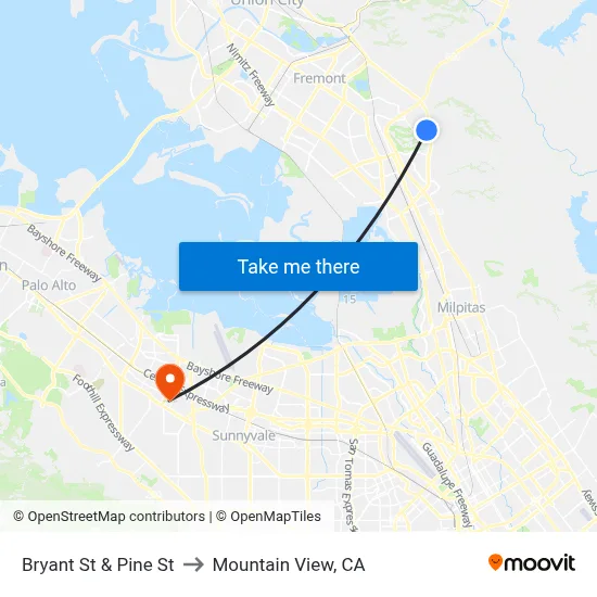 Bryant St & Pine St to Mountain View, CA map