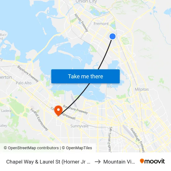 Chapel Way & Laurel St (Horner Jr High School) to Mountain View, CA map