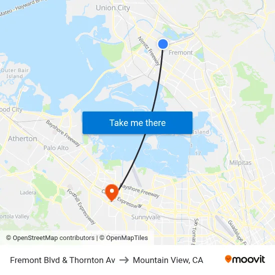 Fremont Blvd & Thornton Av to Mountain View, CA map