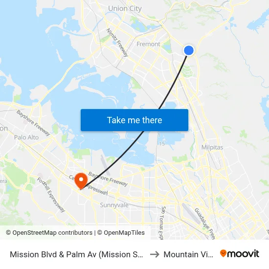 Mission Blvd & Palm Av (Mission San Jose High) to Mountain View, CA map